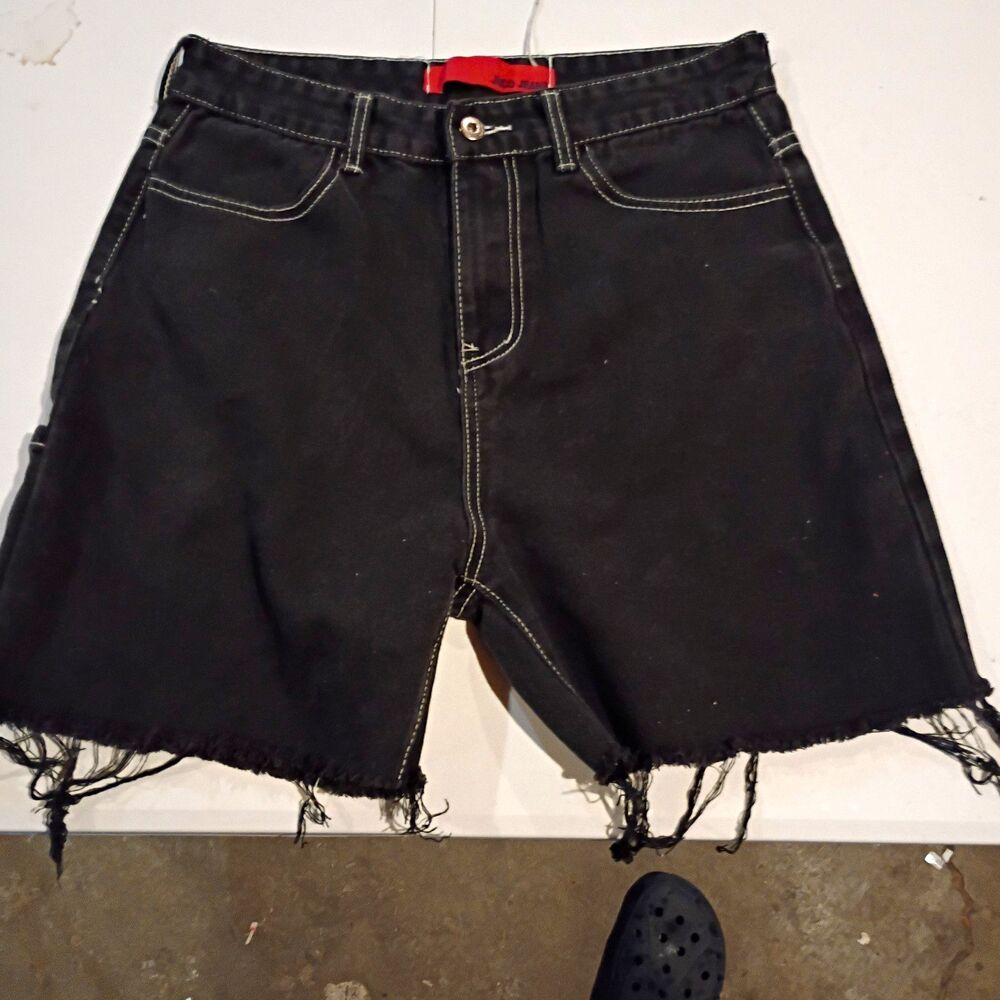 JNCO Men's Black Denim Cutoff Shorts Embroidered Skull Crossbones Button Pockets